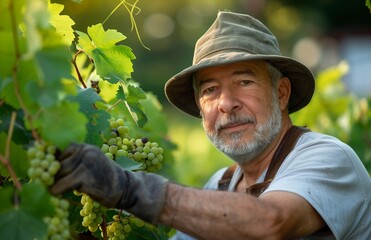 Middle aged man works in vineyard, plucking grape leaves gently, wearing hat and gloves, focused on task
