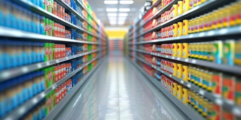 rows products on supermarket shelves.
