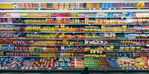 rows products on supermarket shelves.