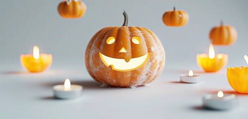 Pumpkin with a ghostly face and floating candles, isolated on a pure white background