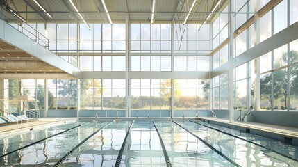 indoor aquatic center with energy-efficient windows that provide clear views of surrounding landscapes, keeping the interior perfectly climate-controlled