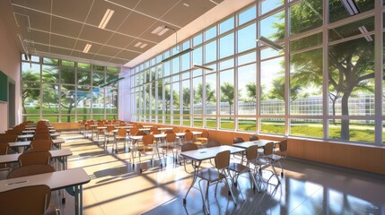 innovative school building where every classroom is equipped with energy-efficient windows, demonstrating a commitment to sustainability and student comfort