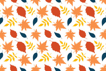 Pattern with autumn leaves, vector background of leaf fall in warm light colors, seamless repetition. Fashionable flat style. Suitable for backgrounds, clothing prints and editorial design, gift wrapp