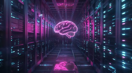Glowing digital brain floats in a futuristic server room illustrating advanced ai technology. Generative AI
