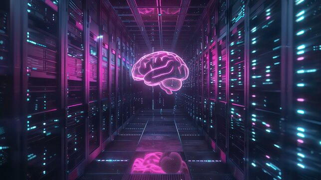Glowing digital brain floats in a futuristic server room illustrating advanced ai technology. Generative AI
