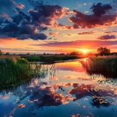 Obraz premium Serene Sunset Over Rural Landscape with Reflective Waters