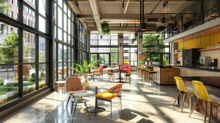 urban co-working space with wall-to-wall energy-efficient windows that create a bright, open atmosphere, fostering creativity and productivity