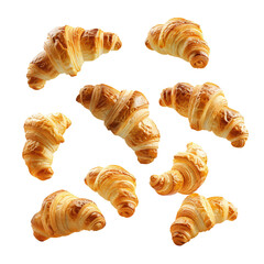 Conjunto de panes Croissant o cruasan, cayendo o flotando en fondo transparente para decoración de panadería. 