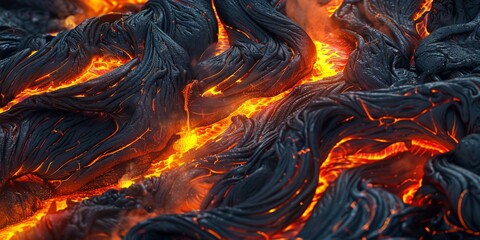 Molten lava and flames up close, glowing fiercely in the dark