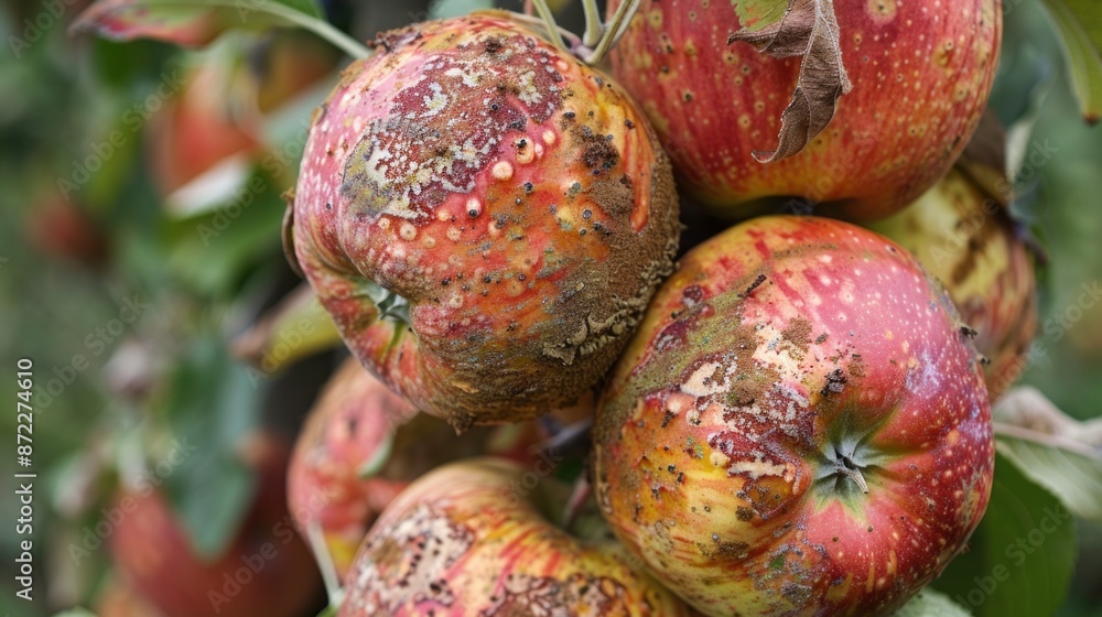 Poster several red apples are shown in a close-up image. the apples are clustered on a branch, and many are