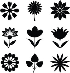 A Set of flower icon Silhouette Design with white Background