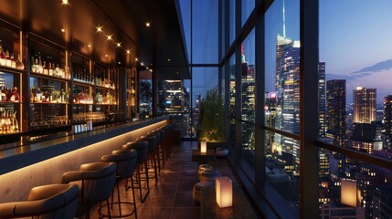 rooftop bar with sleek, modern energy-efficient windows offering panoramic views of the city skyline at night, combining style with sustainability