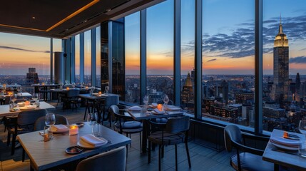 rooftop restaurant with energy-efficient windows offering diners spectacular panoramic views of the city skyline while maintaining a comfortable dining temperature regardless of weather