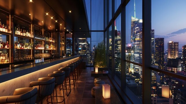 rooftop bar with sleek, modern energy-efficient windows offering panoramic views of the city skyline at night, combining style with sustainability