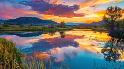 Fototapeta premium Serene Sunset Over Rural Landscape with Reflective Waters