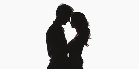 unrecognizable silhouette of a couple hugging each other on isolated white background .