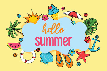 Summer background. Design of a poster with colourful holiday symbols. Vector illustration