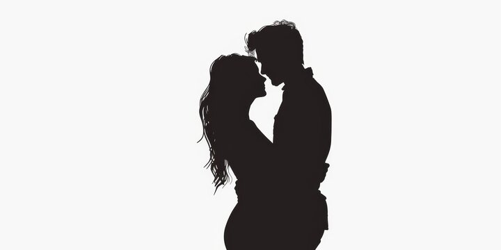 unrecognizable silhouette of a couple hugging each other on isolated white background .