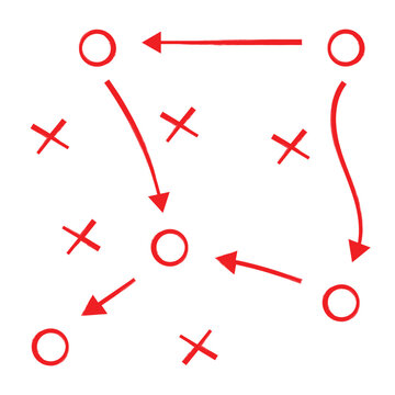 Soccer strategy field, football game tactic drawing on chalkboard. Hand drawn soccer game scheme, learning diagram with arrows.  soccer tactic strategy vector. Eps 10.
