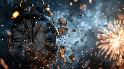 Transition to New Year with shattered clock face and fireworks, capturing the essence of time passing. 2025 new year clock