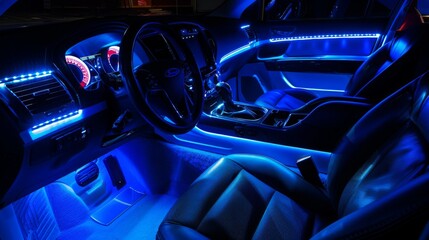 A car interior illuminated with blue LED lights. The lights are installed along the dashboard, door panels, and floorboards, creating a vibrant and stylish look.