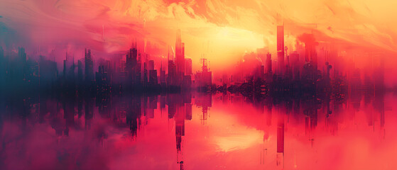Surreal Cityscape at Sunset: Vibrant Urban Reflection with Abstract Light and Shadow Patterns