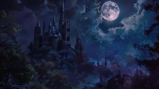 Illustration of an enchanted, mystical, and magical fantasy castle under a full moon in a night scene, set in a dark forest with gothic, medieval towers and spires