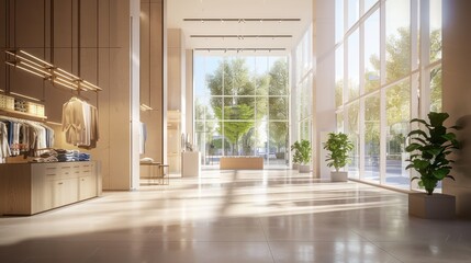 Fototapeta premium high-end fashion boutique with large, stylish energy-efficient windows that showcase clothing under natural lighting without the heat buildup typical of traditional windows