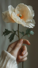 White poppy flower with green leaves held by person with white skin, hand holding single flower, dark romance