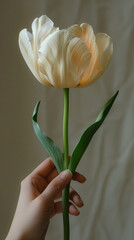 White tulip Dutch flower held by person with white skin, hand holding single tulip against beige background