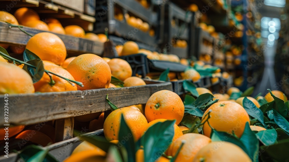 Poster a close-up image of a market stall filled with fresh oranges, packed in wooden crates. the oranges a
