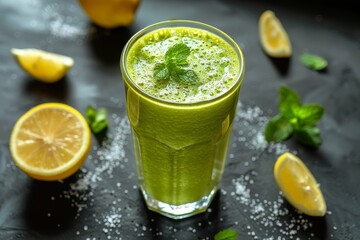 Fototapeta premium Close up of a refreshing green smoothie with fresh mint and zesty lemon in a glass