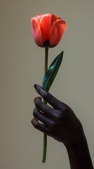 Red tulip held by a person of color, minimalist close-up of red flower inside hand with dark skin, isolated studio photography against beige background