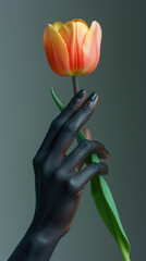 Tulip elegantly held by a person of color, close-up of red flower inside hand with dark skin, isolated floral studio photography