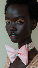 Beautiful African model with dark skin and pink make-up and bow choker, Valentine's Day make-up inspiration