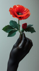 Red poppy flower held by a person of colour,  hand with dark skin against grey background, inclusive Valentine's day 