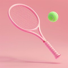 3d rendering illustration of A pink tennis racket and a green tennis ball on a pink background, symbolizing the sport