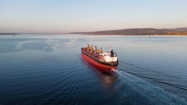 Aerial of cargo ship carrying for export dry bulk cargo, concept freight shipping ship on blue sea