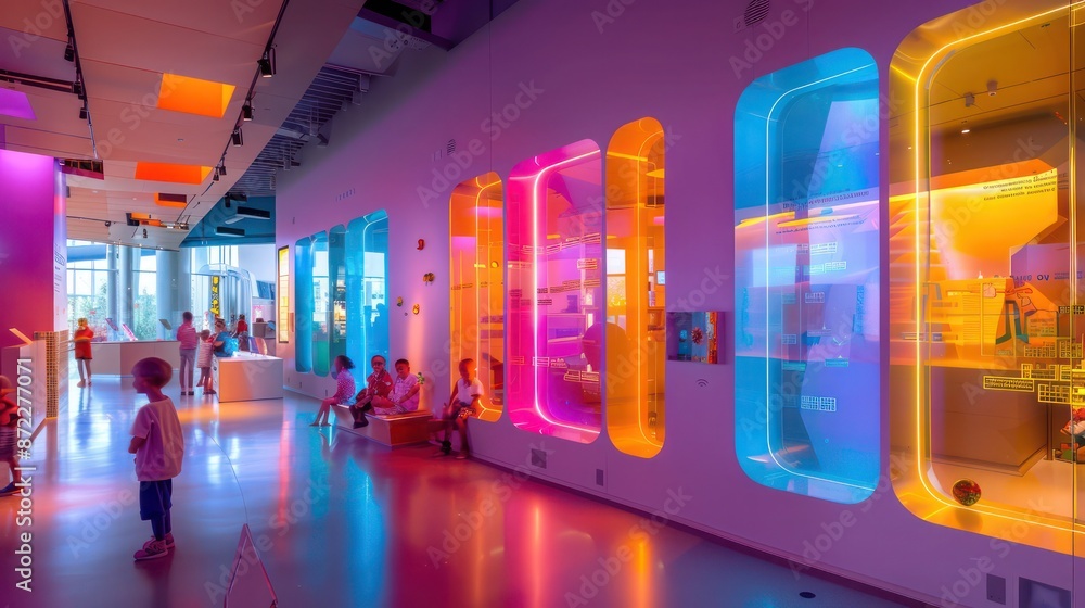 Wall mural childrena??s science museum with interactive energy-efficient windows that change transparency to de