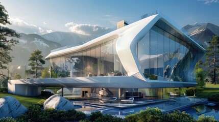 futuristic home where all exterior surfaces are made of high-tech energy-efficient glass, providing stunning views and optimal energy savings