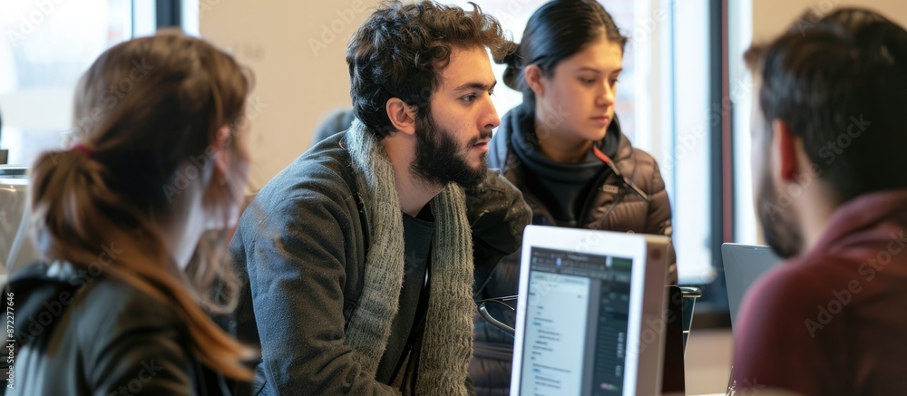 Poster group of scientists working in lab with digital technology and molecular graphics in the background.