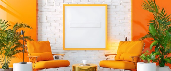 Stylish office mockup with a white brick wall, vibrant orange decor, and a blank white frame hanging centrally in a  orientation.