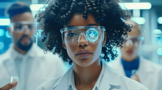 Futuristic Biotechnology Laboratory with Diverse Scientists Analyzing DNA. Generative ai