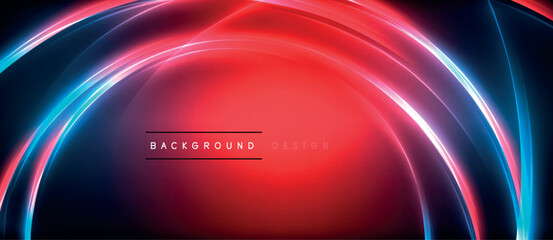 Neon glowing circle rays, light round lines in the dark, planet style neon wave lines. Energetic electric concept design for wallpaper, banner, background