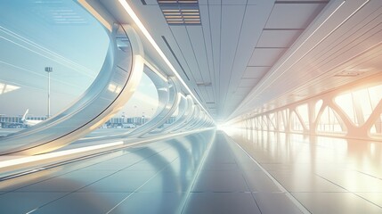 conceptual image of a futuristic airport terminal with smart energy-efficient windows that automatically adjust their tint based on the time of day and weather conditions