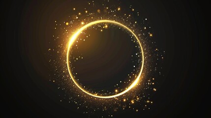 stunning abstract image featuring a glowing golden circle surrounded by sparkling particles against a dark background. The radiant circle creates a sense of magic and mystery
