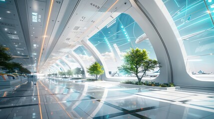 conceptual image of a futuristic airport terminal with smart energy-efficient windows that automatically adjust their tint based on the time of day and weather conditions