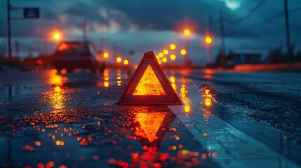 Warning Triangle on Wet Road at Night - Generative AI