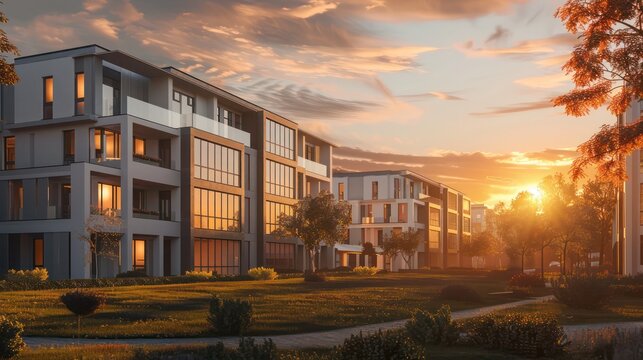 conceptual visualization of an entire apartment complex where each unit features state-of-the-art energy-efficient windows, highlighted during a sunset