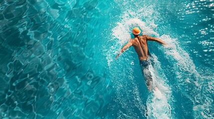 Top view of a swimmer in a blue pool. The swimmer is wearing an orange cap. The image captures the motion of swimming. Perfect for sports, fitness, or leisure themed collections. AI